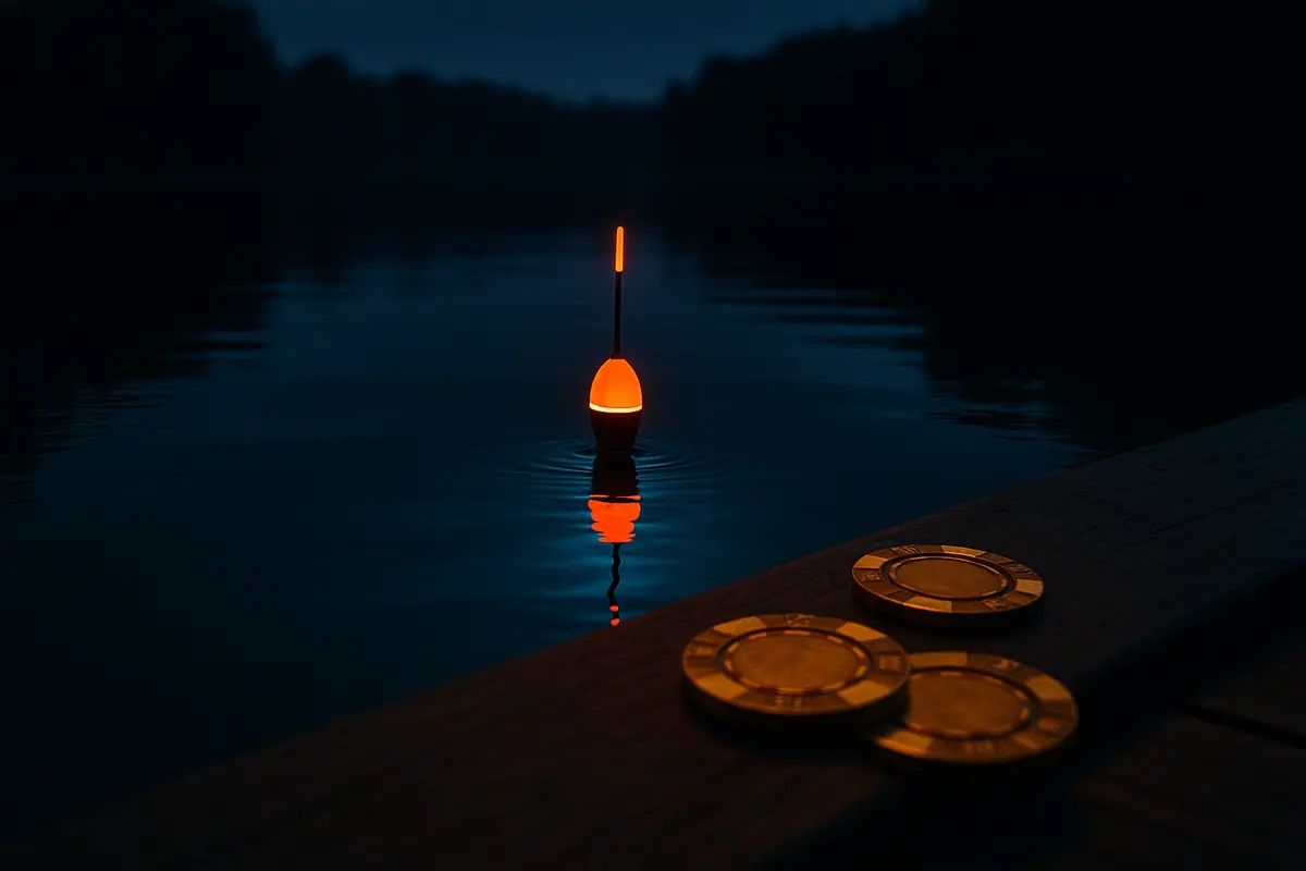 Glowing fishing float on a night lake